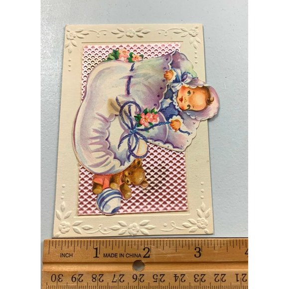 Vintage Baby Shower Congratulations Greeting Card Used Embossed Baby Shoe 1950s - Picture 9 of 9